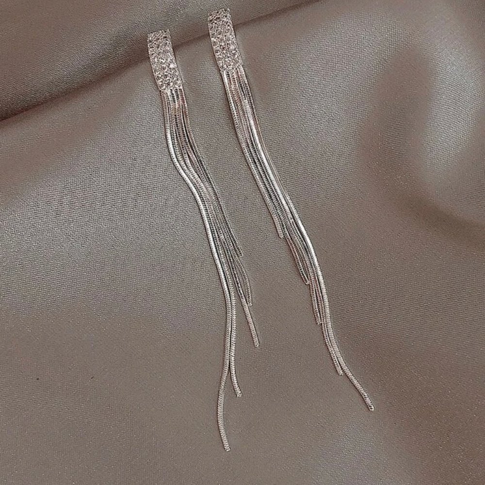 Rhinestone Long Tassel Drop Earrings in Silver Color ~ NWOT